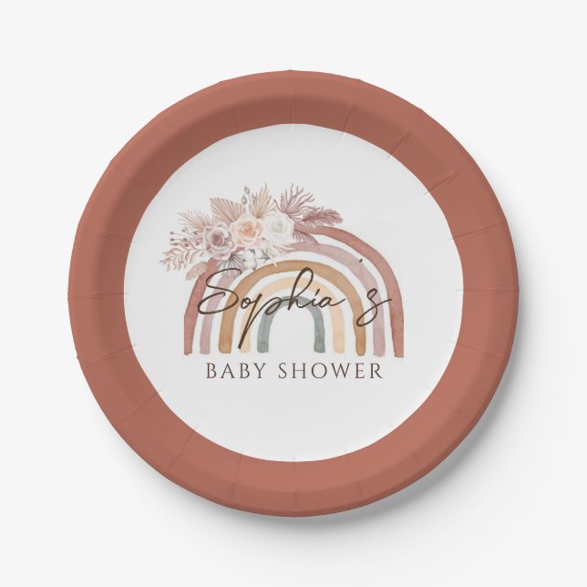 Assiettes En Carton Boho Floral Aquarelle Rainbow Baby shower (Devant)