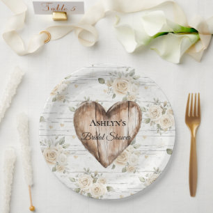 Assiettes En Carton Boho Floral Blanc Faux Fête des mariées Coeur Bois