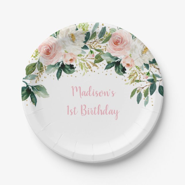 Assiettes En Carton Boho Floral Blush Gold Anniversaire (Devant)