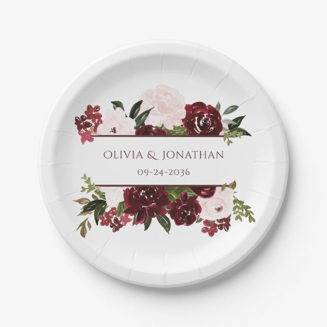 Assiettes En Carton Boho Floral Bourgogne et Blush Mariage élégant (Devant)