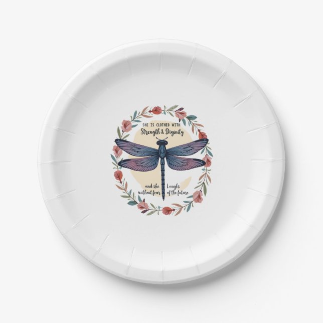 Assiettes En Carton Boho Floral Dragonfly Elle Est Vêtue De Force (Devant)