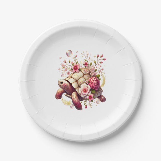 Assiettes En Carton Boho Floral Tortue de mer rose Fleur (Devant)