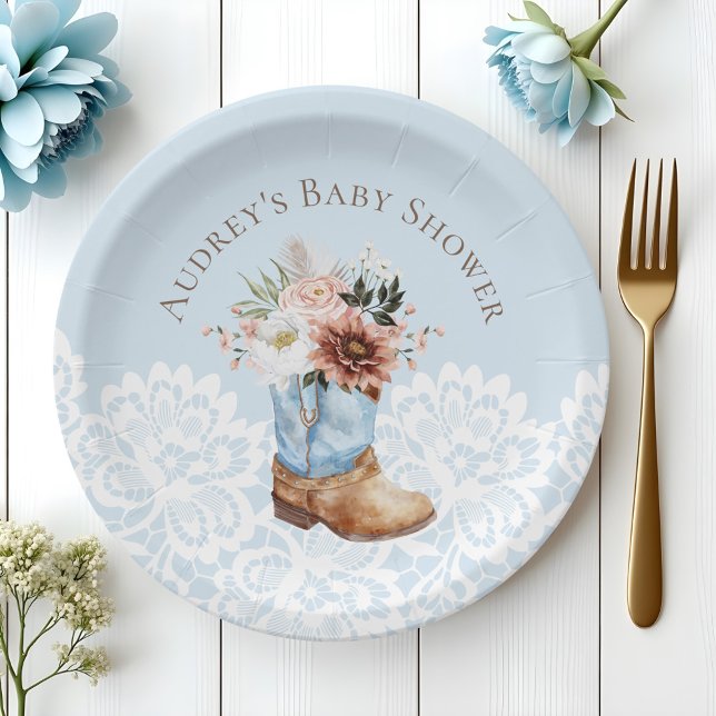Assiettes En Carton Boho Floral Western Blue Cowboy Boot Baby shower (Boho Floral Western Blue Cowboy Boot Baby Shower Paper Plates)