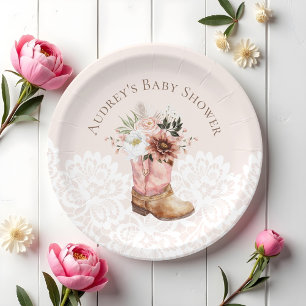 Assiettes En Carton Boho Floral Western Pink Cowgirl Baby shower de dé