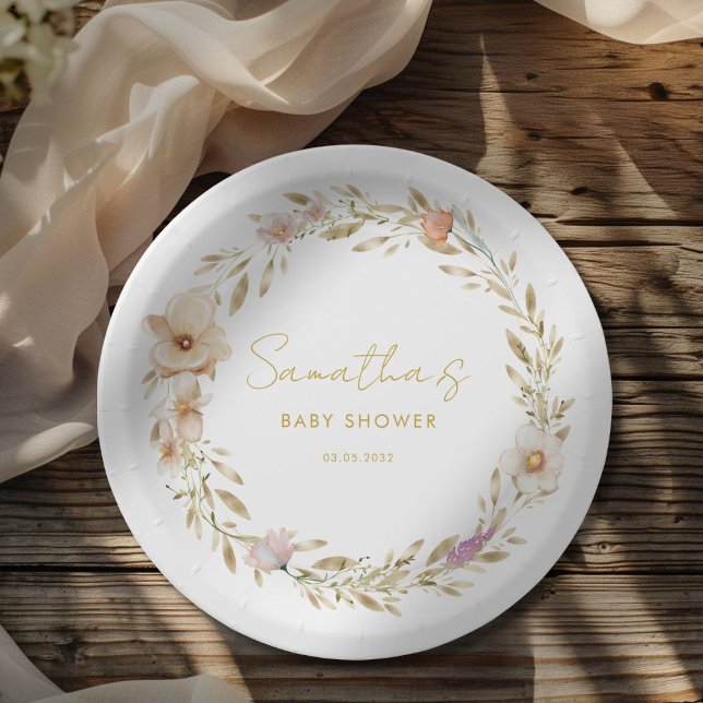 Assiettes En Carton Boho Flower Baby Shower (Boho Flower Baby Shower Pastel - White Custom Paper Plates with your Name & Date.)