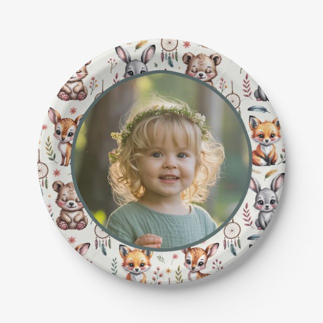Assiettes En Carton Boho Forest Animals Aquarelle Photo Anniversaire d (Devant)