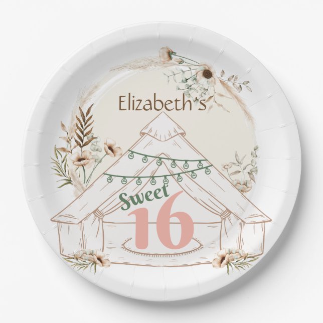 Assiettes En Carton Boho Glamping Sweet 16 Plaques papier fête d'anniv (Devant)