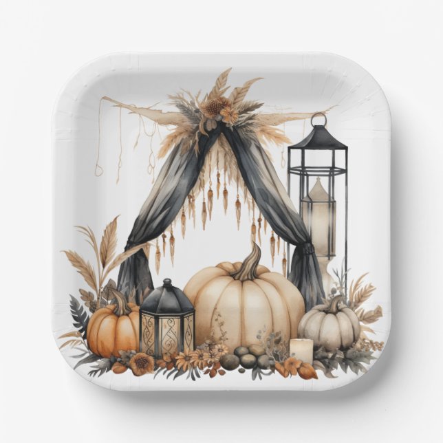 Assiettes En Carton Boho Gothic Halloween Party - Citrouille et Lanter (Recto)