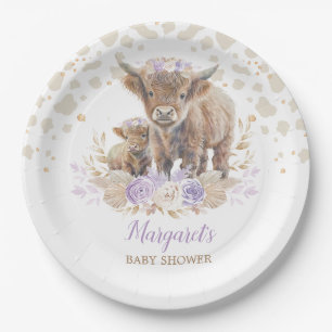Assiettes En Carton Boho Highland Vache violet Roses Floral Baby Girl