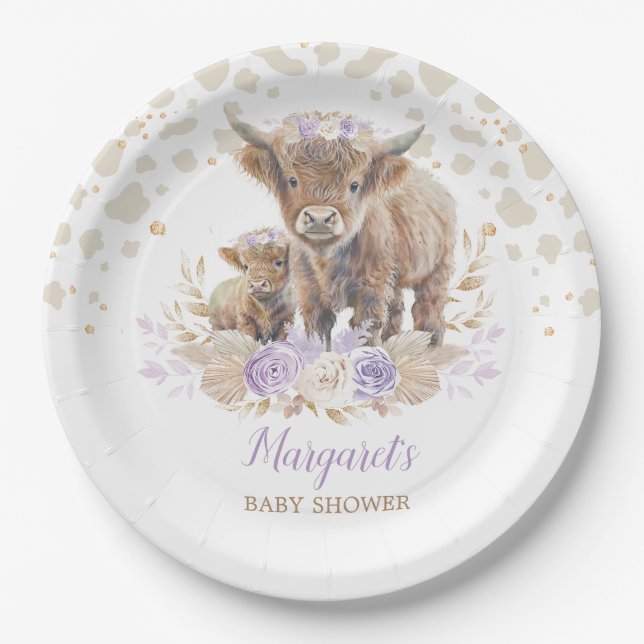Assiettes En Carton Boho Highland Vache violet Roses Floral Baby Girl (Devant)