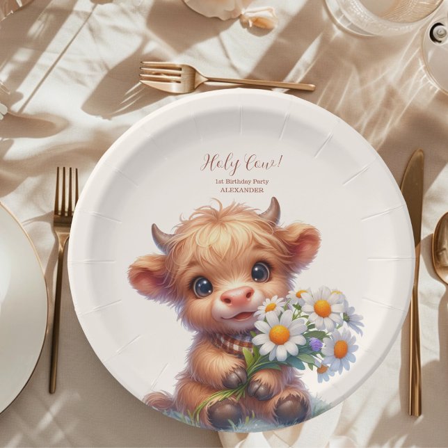 Assiettes En Carton Boho Holy Cow Highland Cow 1er anniversaire (Créateur téléchargé)