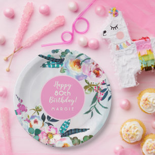 Assiettes En Carton Boho Joyeux Anniversaire à 80 ans Plaques en papie