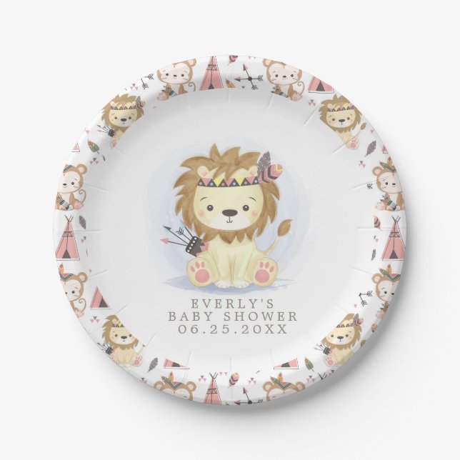 Assiettes En Carton Boho Lion Tribal Aquarelle Baby shower bohème (Devant)
