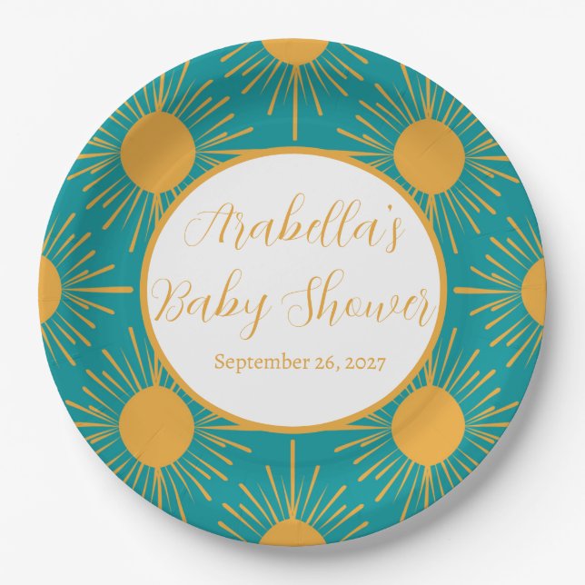 Assiettes En Carton Boho Little Ray of Sun Baby shower Turquoise (Devant)