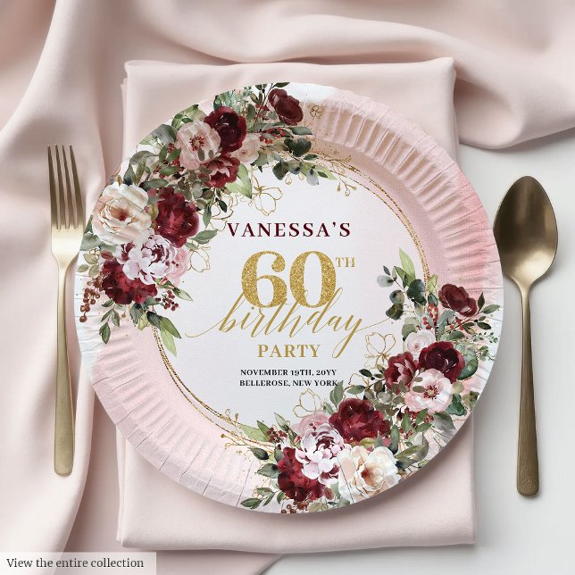 Assiettes En Carton Boho Marsala Roses Dorées Élégant 60e Anniversaire (Boho Marsala Gold Roses Elegant 60th Birthday Plates)