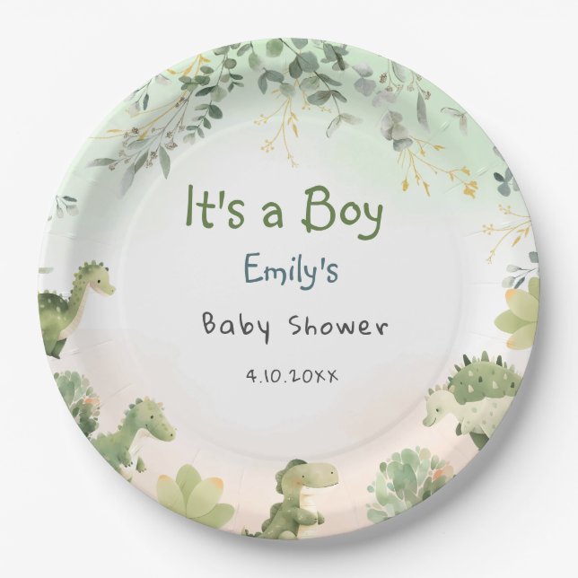 Assiettes En Carton Boho Modern Watercolor Dinosaur Greenery Boy (Devant)