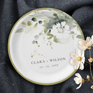 Assiettes En Carton Boho moderne Abstrait vert blanc Mariage floral