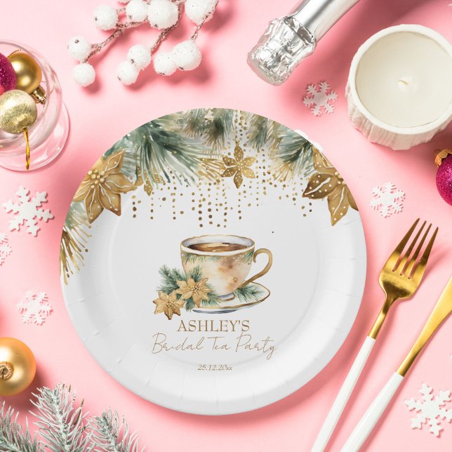 Assiettes En Carton Boho Noël nuptiale douche nuptiale fête du thé (Boho Christmas winter bridal shower tea party tableware personalized Paper Plates gold poinsettia)
