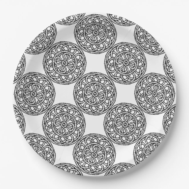 Assiettes En Carton Boho noir et blanc noeuds et cordes motif (Devant)