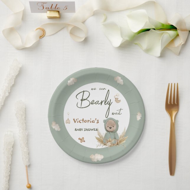 Assiettes En Carton Boho Nursery Green Teddy Bear Baby shower (Mariage)
