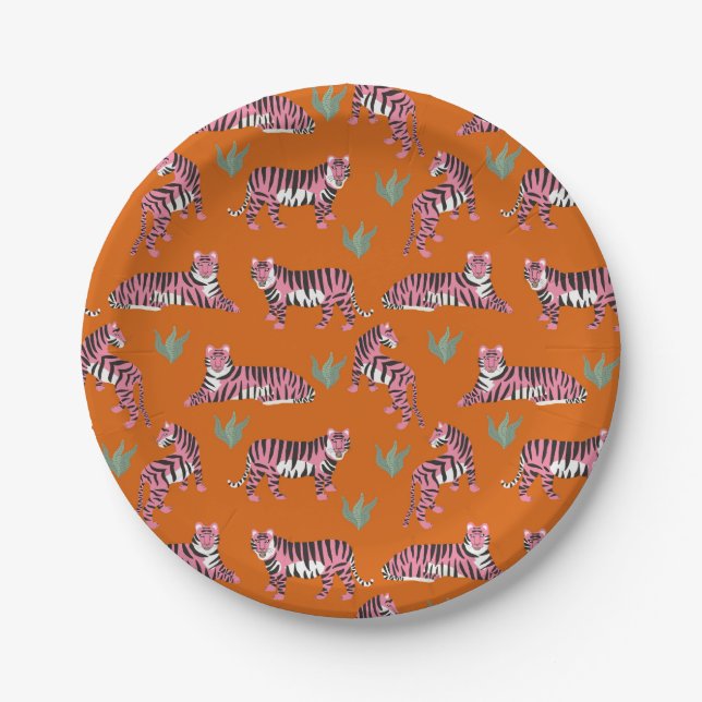 Assiettes En Carton Boho Orange Pink Jungle Tigers (Devant)