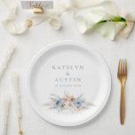 Assiettes En Carton boho pampas bleu poussiéreux mariage<br><div class="desc">pampas bohème et fleurs bleues poussiéreuses. Personnalisez les détails et les couleurs du texte.</div>