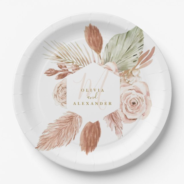 Assiettes En Carton Boho Pampas Fleurs Séchées Tropicales Mariage Papi (Devant)