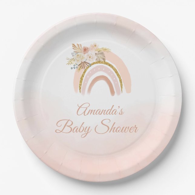 Assiettes En Carton Boho Pampas Grass rose arc-en-ciel Baby shower fil (Devant)