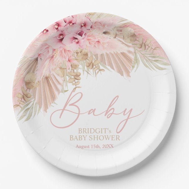 Assiettes En Carton Boho Pampas Orchidées Baby shower rose neutre (Devant)