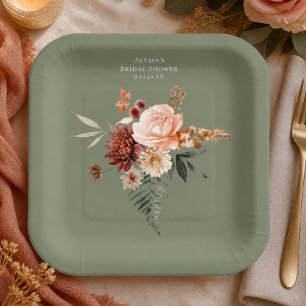 Assiettes En Carton Boho Peach et rouille floral vert sauge Baby Showe