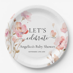 ASSIETTES EN CARTON BOHO PINK BLUSH WATERCOLOR MEADOW FLEURS