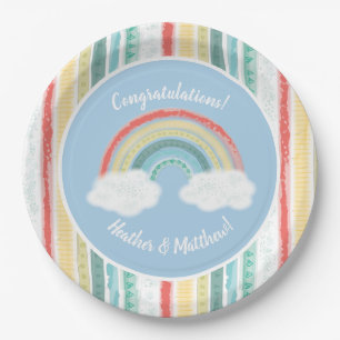 Assiettes En Carton Boho Rainbow Baby shower Blue Boy