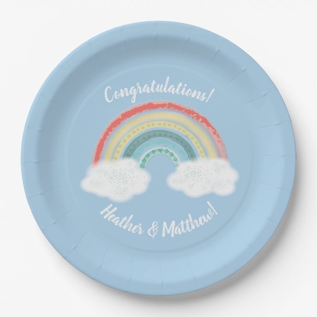Assiettes En Carton Boho Rainbow Baby shower Blue Boy (Devant)