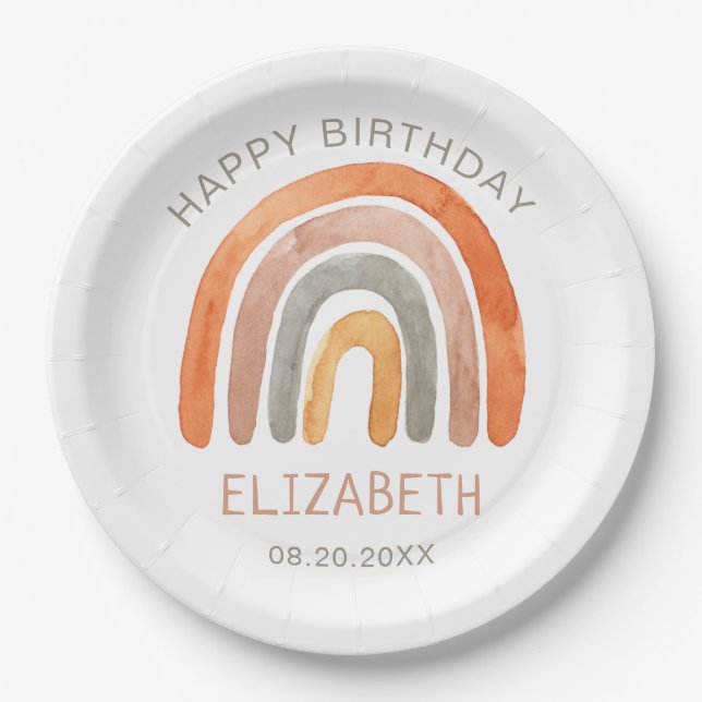 Assiettes En Carton Boho Rainbow Joyeux anniversaire  (Devant)