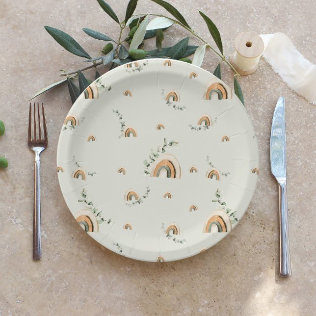 Assiettes En Carton Boho rainbows eucalyptus baby shower de pépinière (Créateur téléchargé)