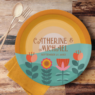Assiettes En Carton Boho Retro Floral Bold & Bright Colorant Mariage