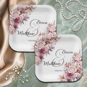 Assiettes En Carton Boho rose Dusty Floral Mariage de script moderne