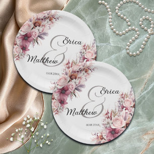 Assiettes En Carton Boho rose Dusty Floral Mariage de script moderne