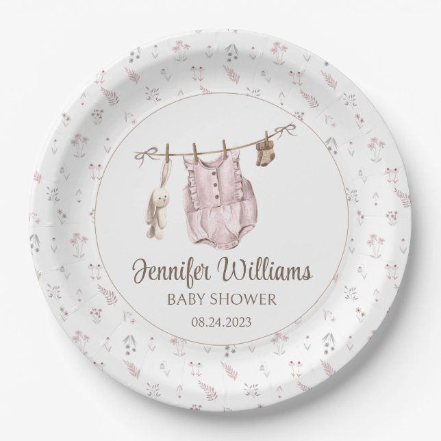 Assiettes En Carton Boho rose fille vêtements baby shower plaques de p (Devant)