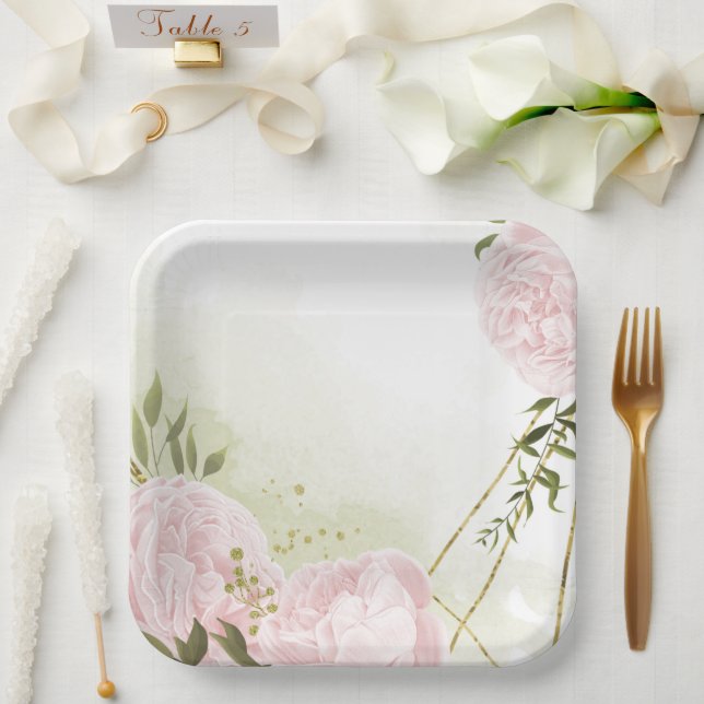 Assiettes En Carton Boho rose fleurs vert feuille botanique (Mariage)