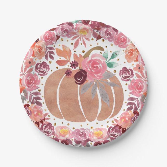 Assiettes En Carton Boho rose Floral Citrouille Anniversaire Douche Pl (Devant)