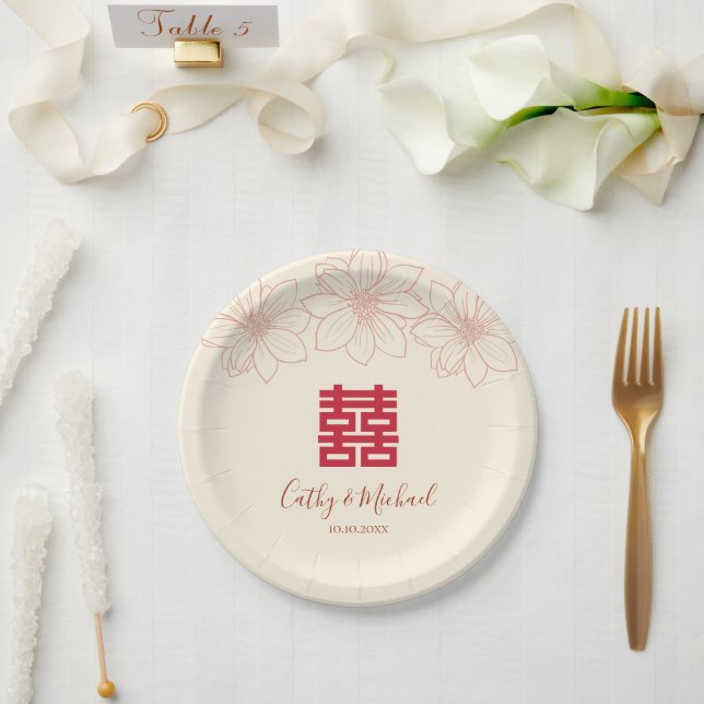 Assiettes En Carton Boho rouge et beige floral mariage chinois (Mariage)