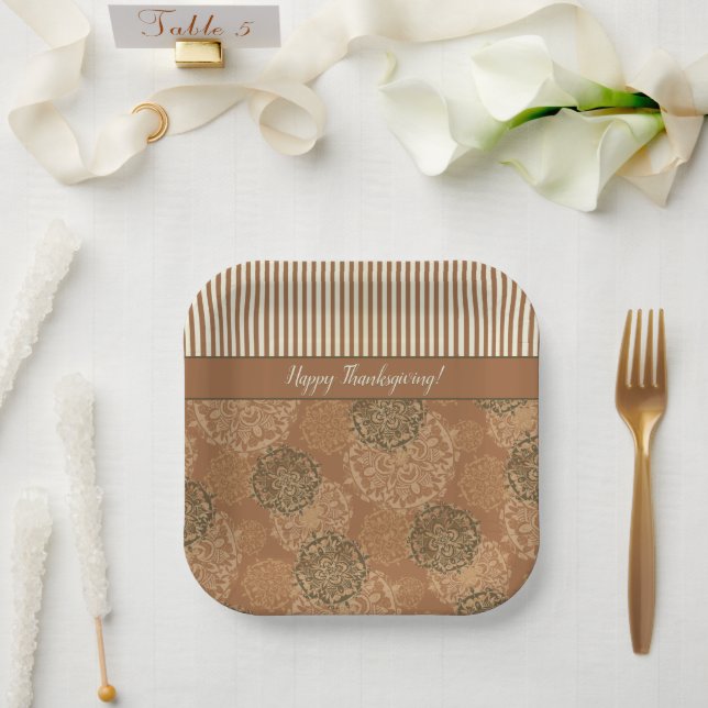 Assiettes En Carton Boho Rust Orange Mandalas and Stripes (Mariage)