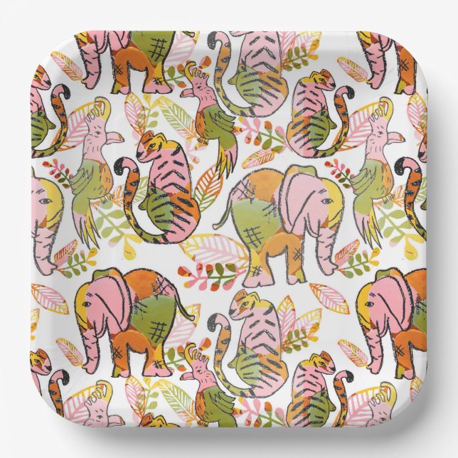 Assiettes En Carton Boho Safari Animaux Jungle Feuilles entre Annivers (Recto)