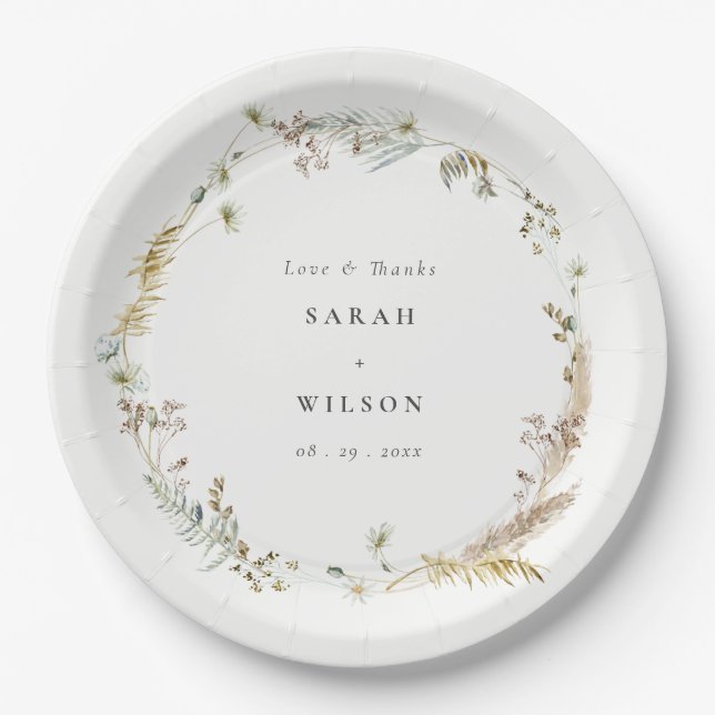 Assiettes En Carton Boho Sec Palm Pampas Grass Floral Wreath Mariage (Devant)