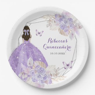 Assiettes En Carton Boho Silver Purple Floral Butterfly Quinceañera