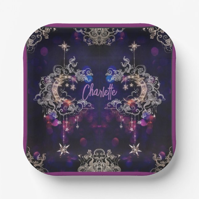 Assiettes En Carton Boho Stars & Moon Purple Ajouter Nom Anniversaire (Recto)