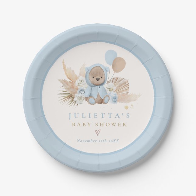 Assiettes En Carton Boho Teddy Bear Bleu Bearly Wait Baby shower (Devant)