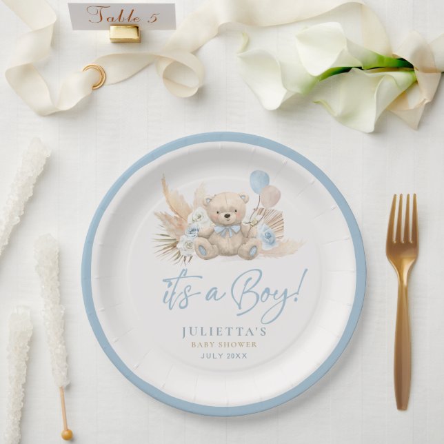 Assiettes En Carton Boho Teddy Bear Boy Blue Bearly Wait Baby shower (Mariage)