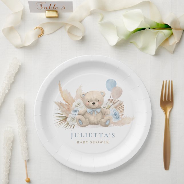 Assiettes En Carton Boho Teddy Bear Boy Blue Bearly Wait Baby shower (Mariage)